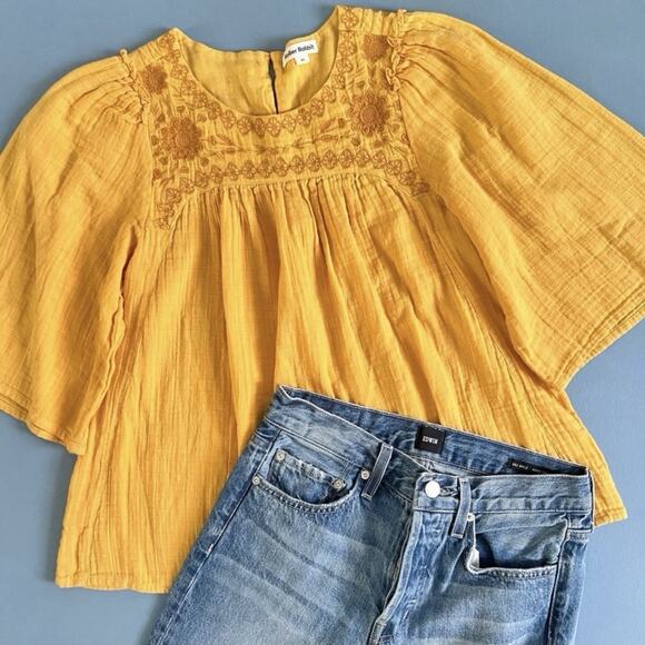Roller Rabbit Marigold Yellow Embroidered Floral Cotton Peasant Top Blouse - Picture 1 of 5